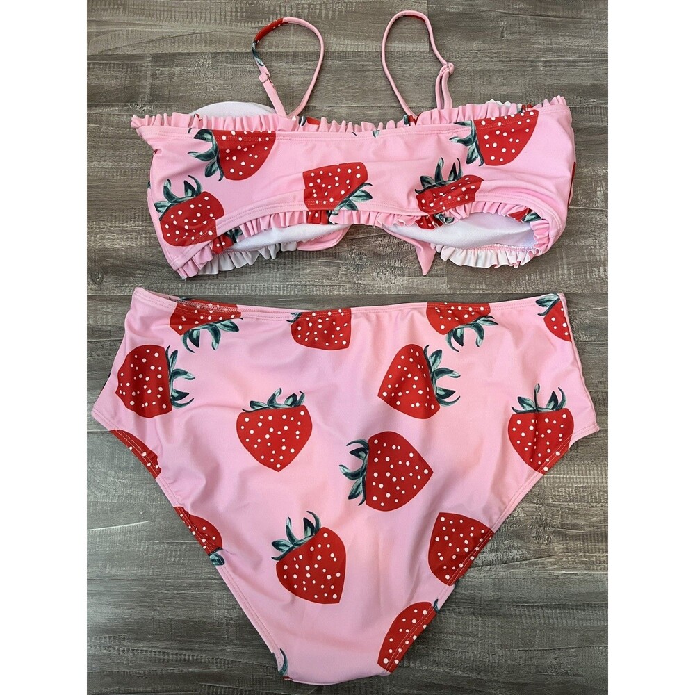 Strawberry Pink 2 Piece Bikini Set Size 2XL Bow Adjustable Straps Ruffles Swim - Picture 2 of 6